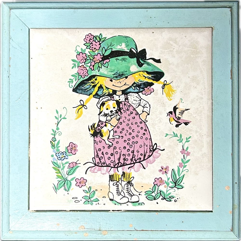 Vintage Holly Hobbie Style Blue Wooden Tile Jewelry Trinket Box Taiwan